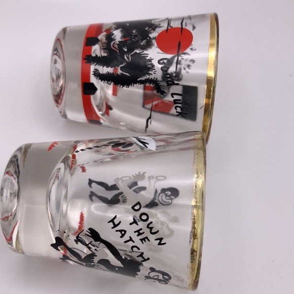 VTG 1960’s Good Luck Black Cat & Cannibal Shot Glass Halloween Bar Ware Pair. - Picture 11 of 12
